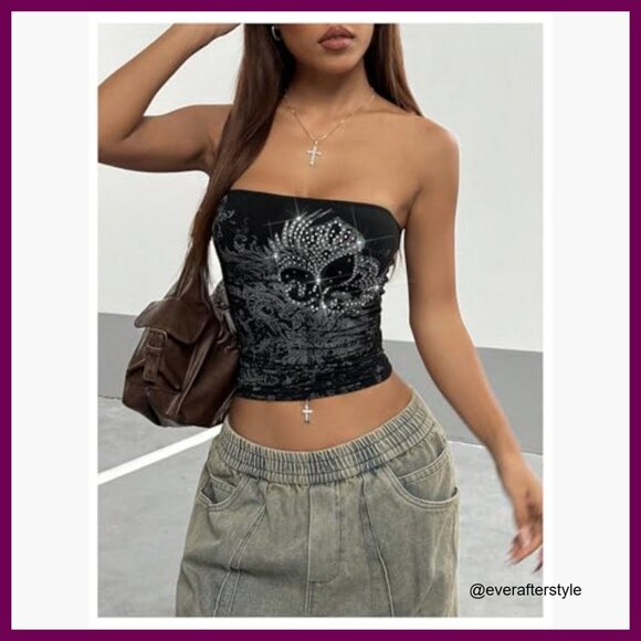 Glitter Graphic Bandeau Tube Top Strapless Crop Polyester - Picture 4 of 5